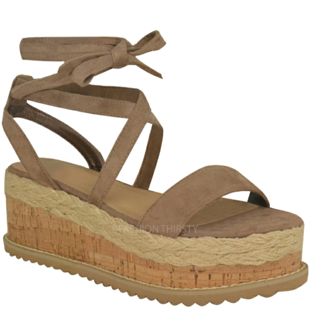 🌱 Retro Flatform Espadrille Cork Wedge Sandals Lace-Up Tan Size 5.5/6